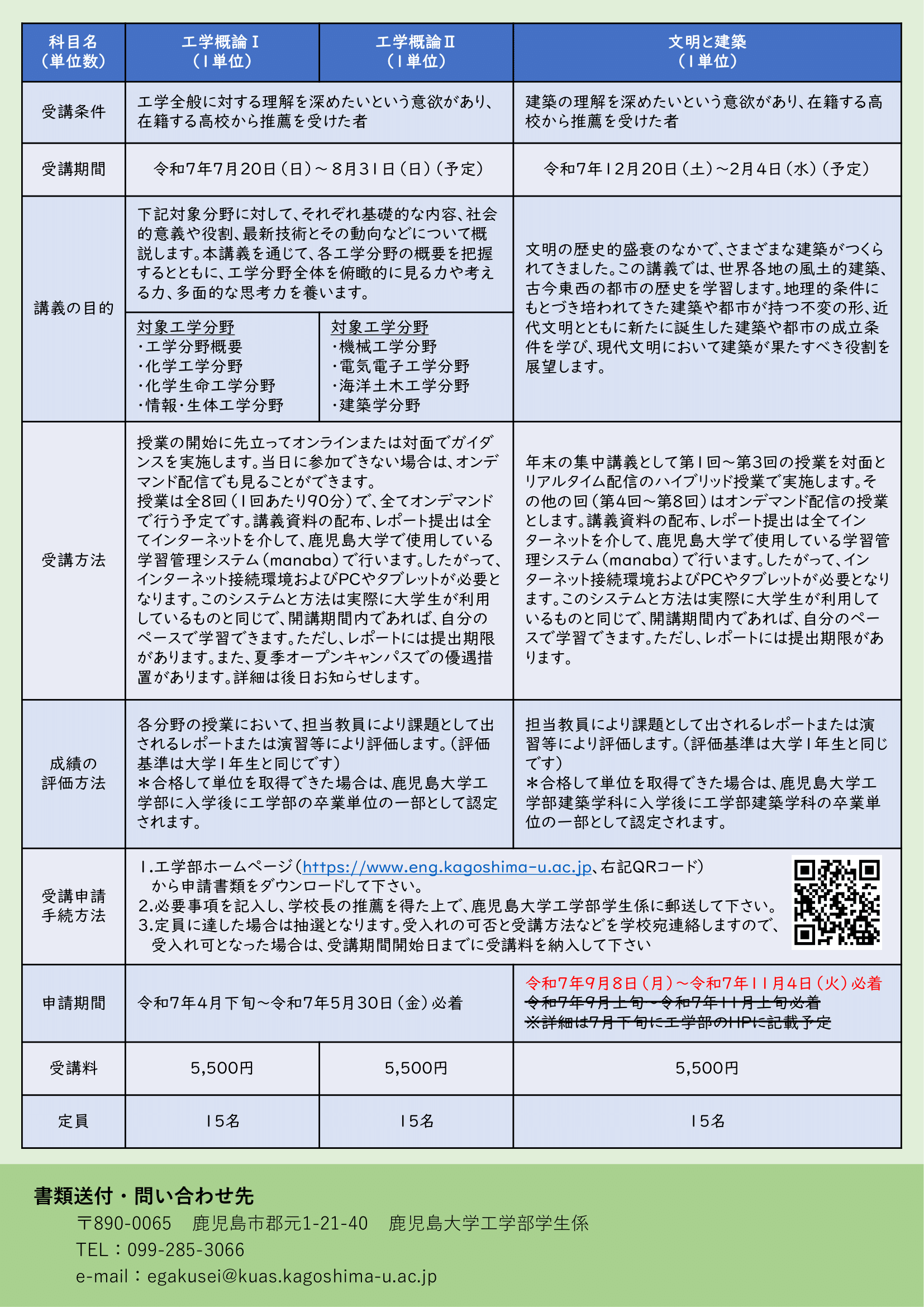 鹿児島大学工学部体験講義（高大接続科目等履修生制度）について